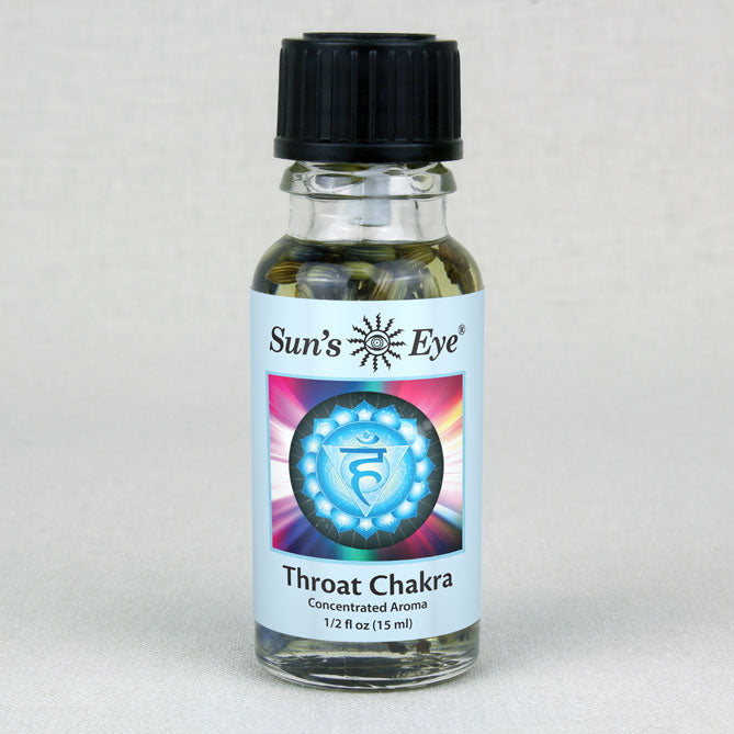 Bottle of Sun's Eye Throat Chakra concentrate aroma on a light gray background