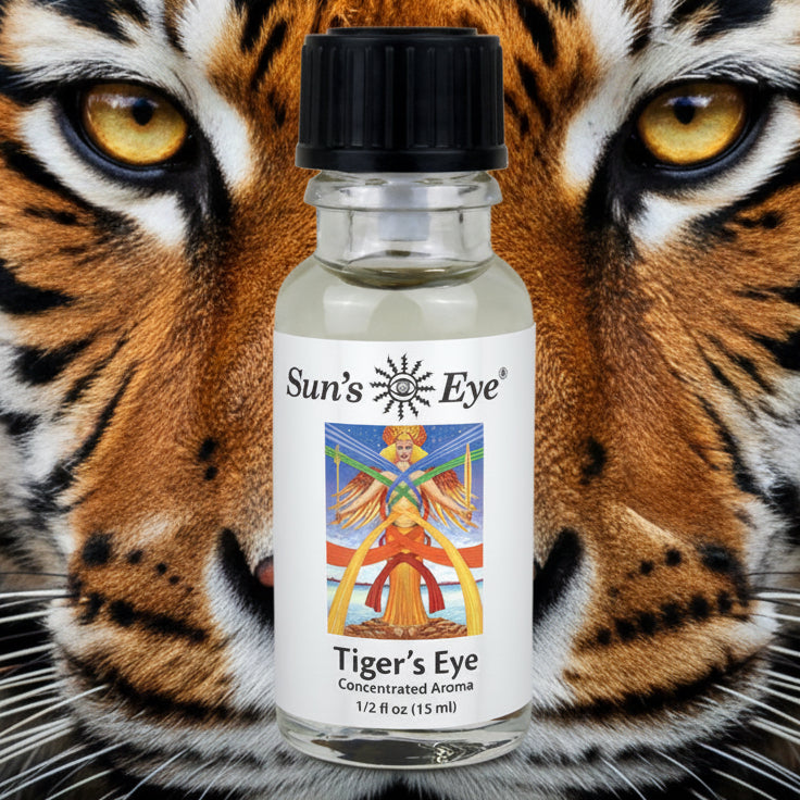 Bottle of Sun's Eye Tiger's Eye concentrated aroma on a tiger face background