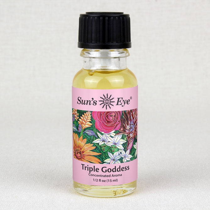 Bottle of Sun's Eye Triple Goddess concentrated aroma on a white background