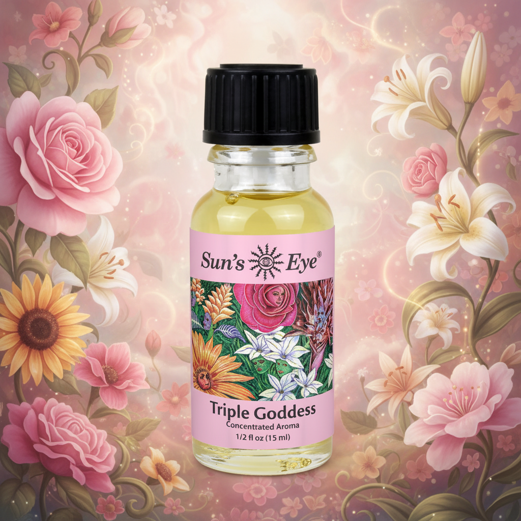 Bottle of Sun's Eye Triple Goddess concentrated aroma on a white background