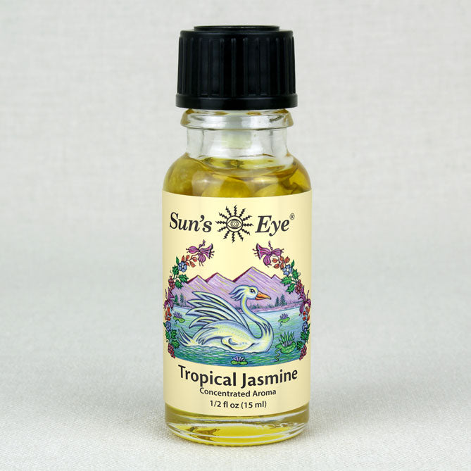 Bottle of Sun's Eye Tropical Jasmine concentrated aroma on a light gray background