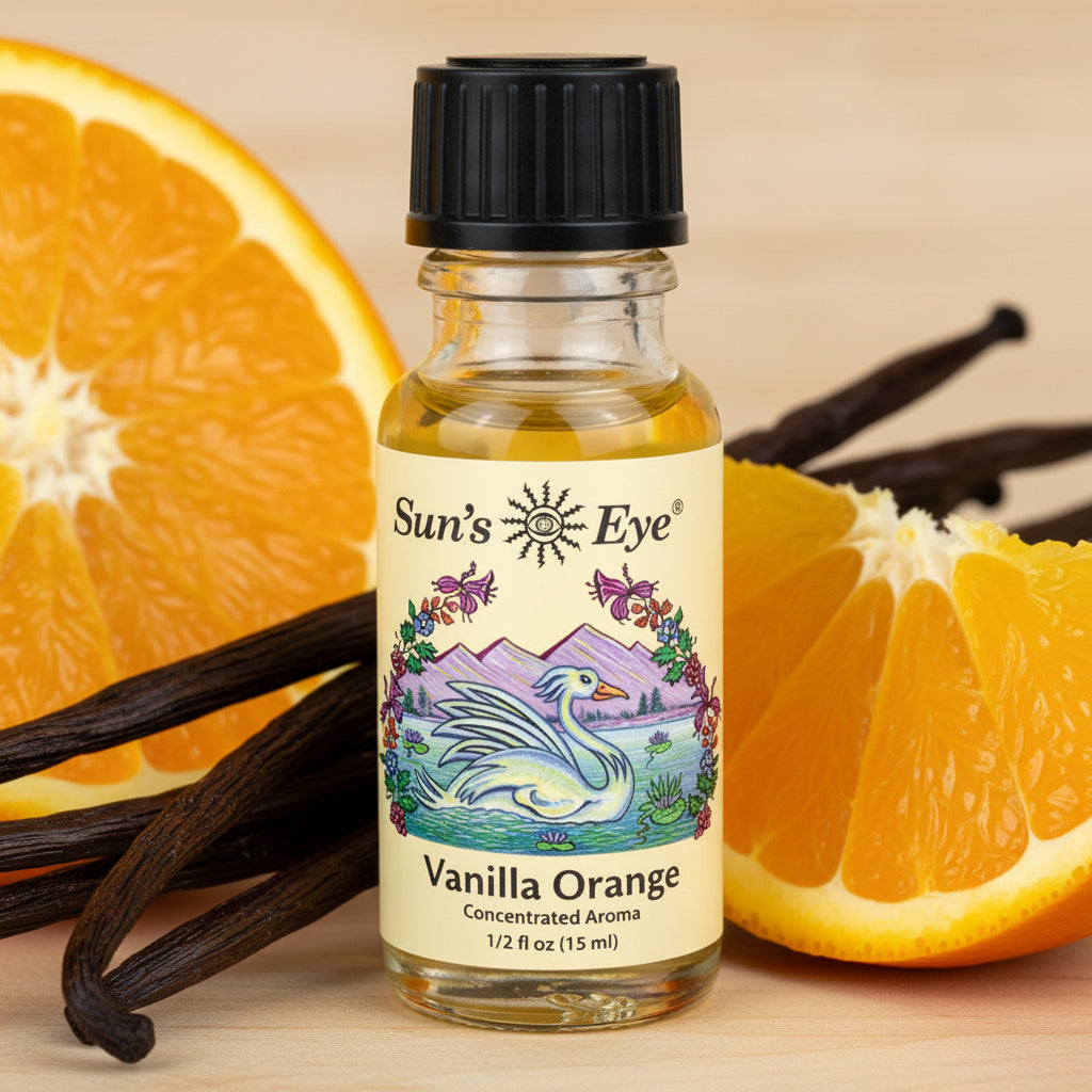 Bottle of Sun's Eye Vanilla Orange concentrated aroma on a light gray background