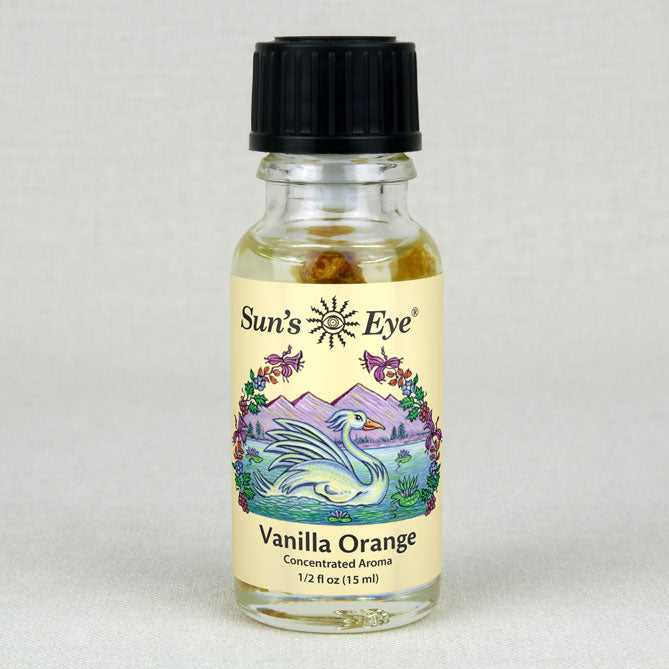 Bottle of Sun's Eye Vanilla Orange concentrated aroma on a light gray background
