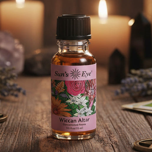 Bottle of Sun's Eye Wiccan Altar concentrated aroma on a light gray background