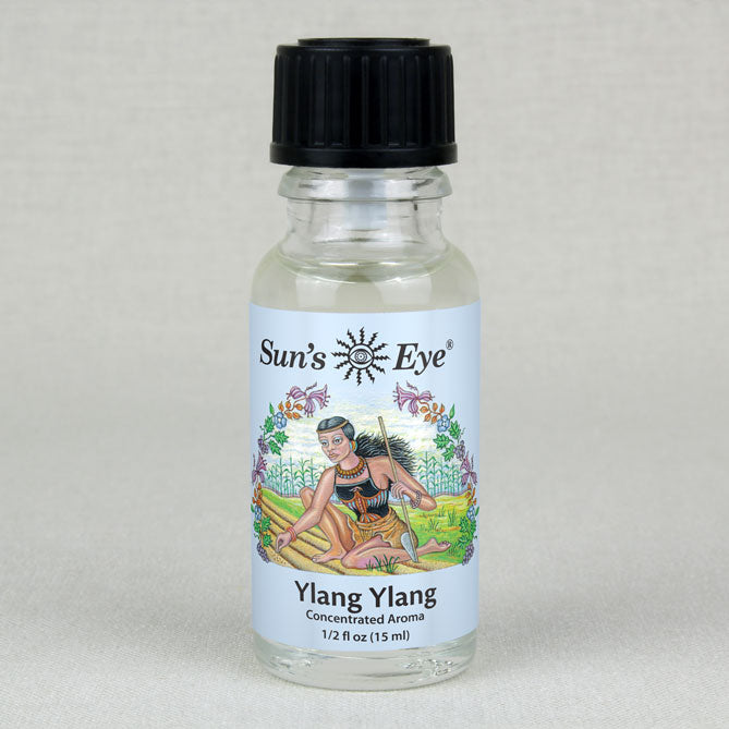 Bottle of Sun's Eye Ylang Ylang concentrated aroma on a light gray background