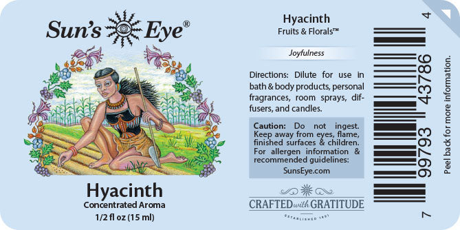 Sun's Eye Hyacinth fragrance label with illustration and text
