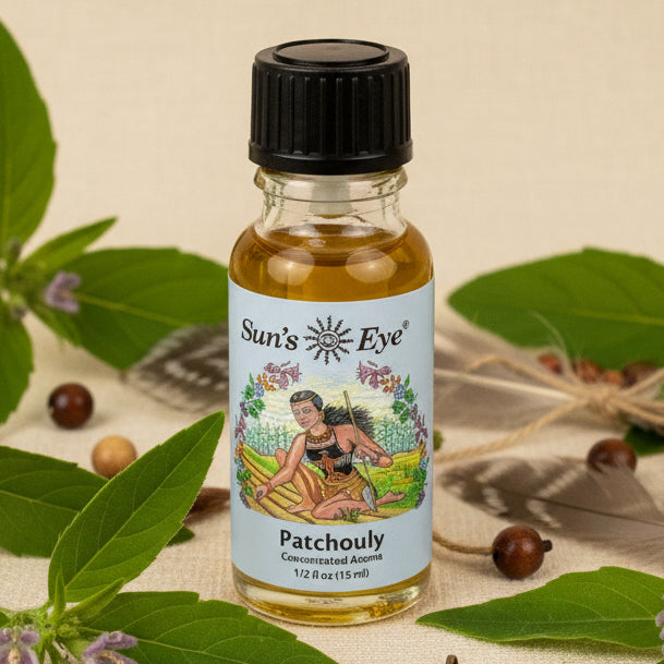 Bottle of Sun's Eye Patchouly concentrated aroma on a white background