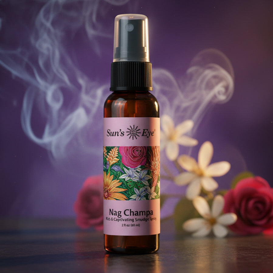 Bottle of Sun's Eye Nag Champa diffuser spray on a nice background