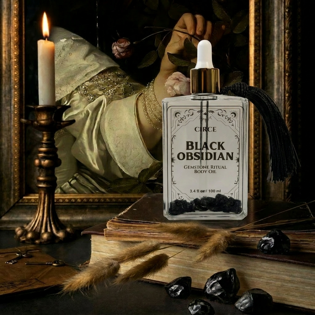 Aceite Corporal de Obsidiana Negra — Aceite Iluminador Protector y de Enraizamiento con Ámbar y Vainilla