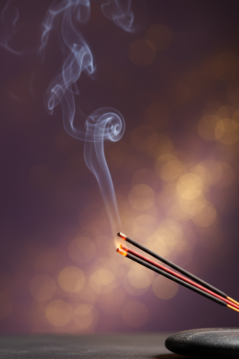 Incense stick with smoke against a blurred background