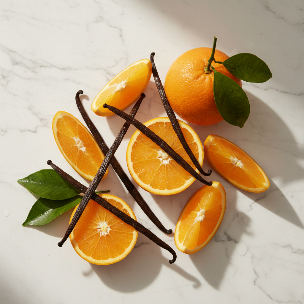 Oranges and vanilla beans arranged on a marble surface