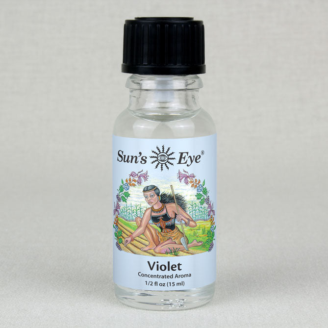 Bottle of Sun's Eye Violet concentrated aroma on a light gray background