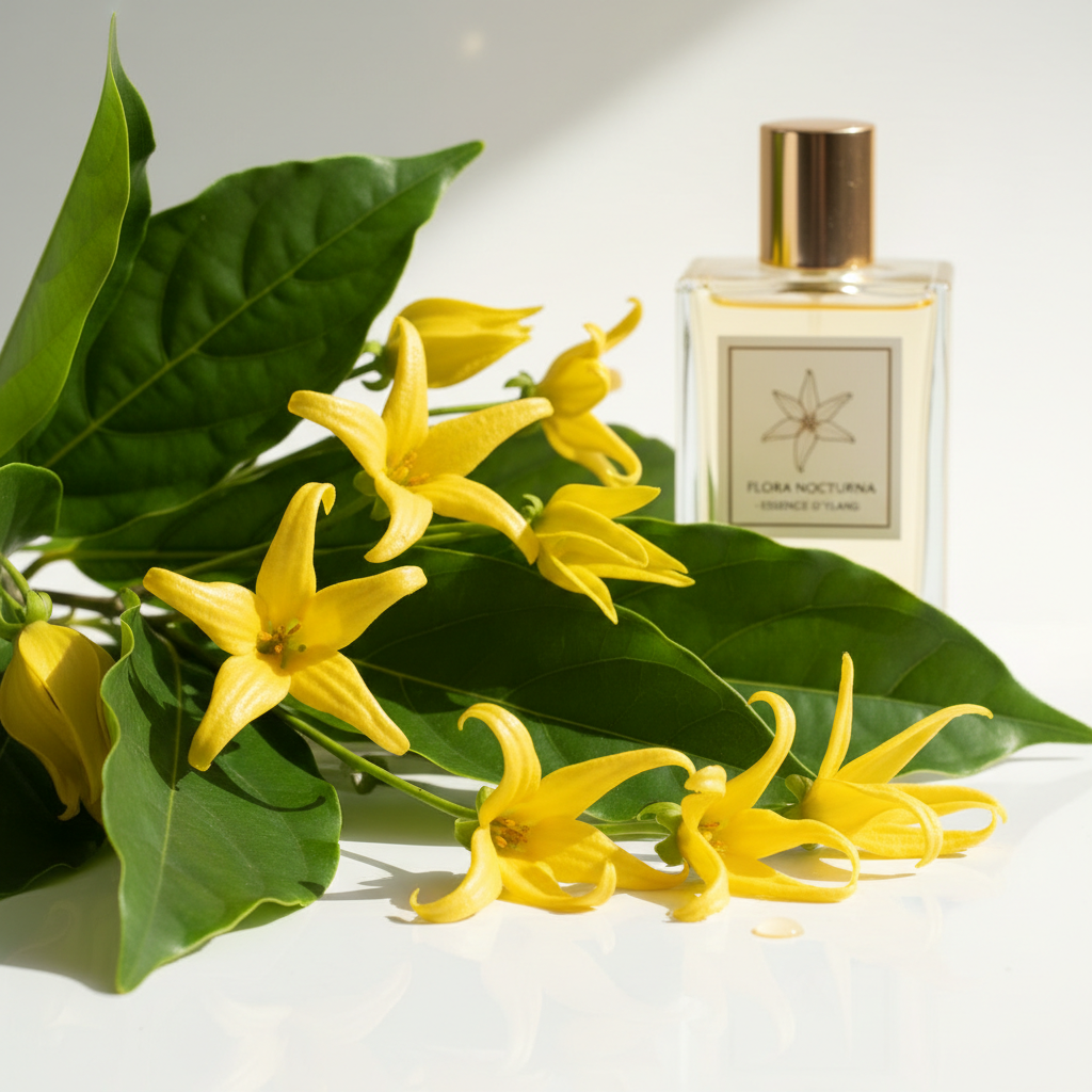 Floral perfume bottle with yellow flowers and green leaves on a white background